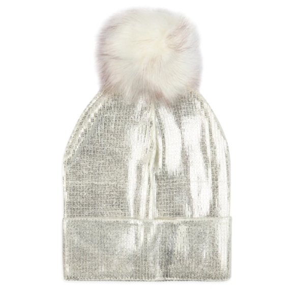 Silver metallic ribbed pom pom hat - Picture 1 of 4